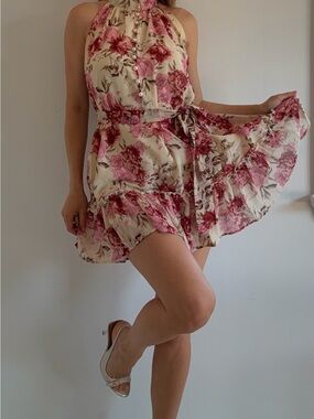 Coquette Floral Halter Mini Dress Ruffle Pearl Button HELLO MOLLY Pink Cream XS
